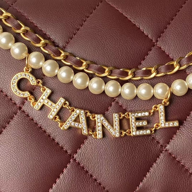 Chanel AS5011 Flap bag Shiny Lambskin Imitation Pearls & Gold-Tone Metal Wine Red - Image 7