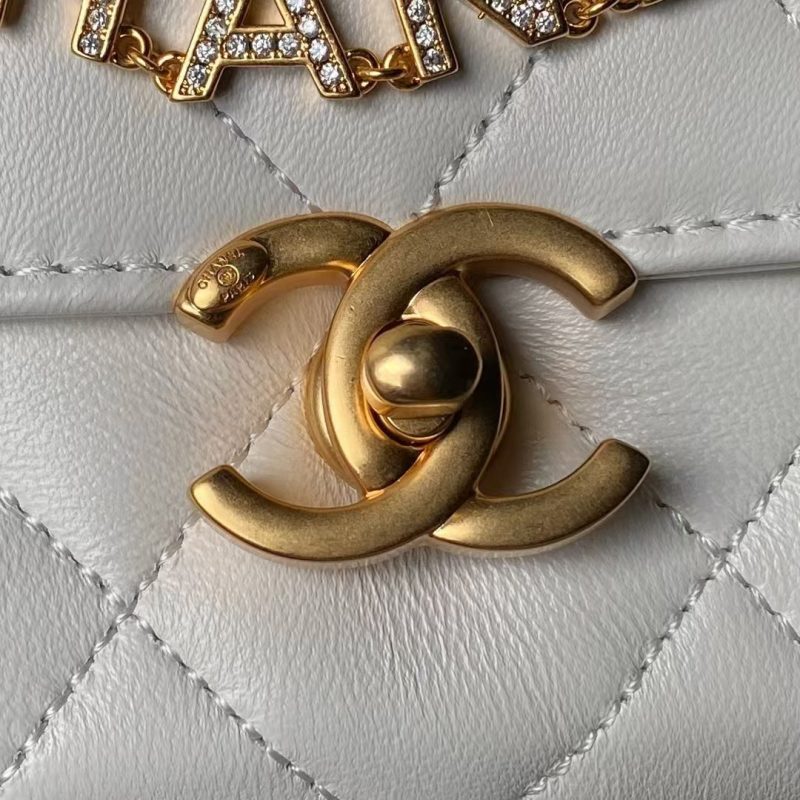 Chanel AS4986 Mini Flap bag Shiny Lambskin Imitation Pearls & Gold-Tone Metal White - Image 3