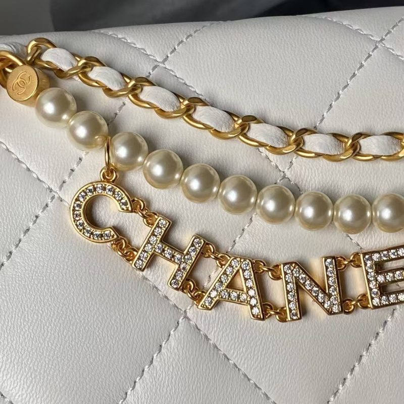 Chanel AS4986 Mini Flap bag Shiny Lambskin Imitation Pearls & Gold-Tone Metal White - Image 4