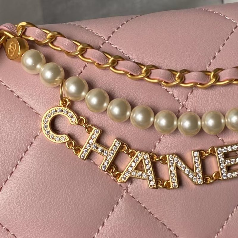 Chanel AS4986 Mini Flap bag Shiny Lambskin Imitation Pearls & Gold-Tone Metal Pink - Image 4
