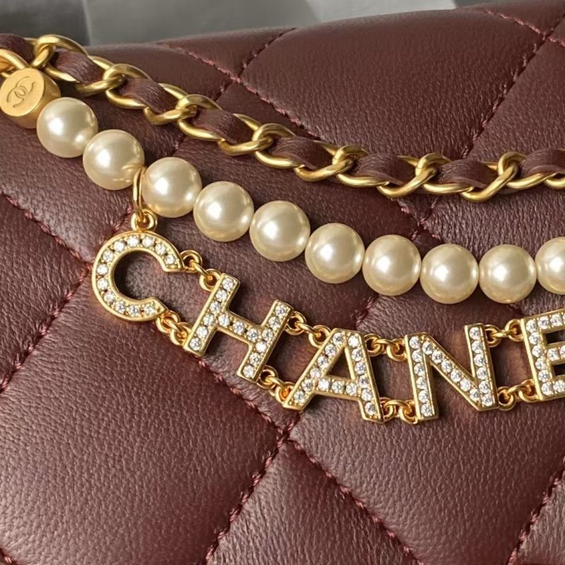 Chanel AS4986 Mini Flap bag Shiny Lambskin Imitation Pearls & Gold-Tone Metal Wine Red - Image 4