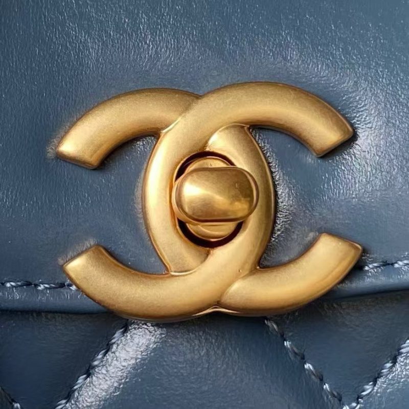 Chanel AS4416 Mini Shopping Bag Shiny Aged Calfskin Gold-Tone Metal Blue - Image 3