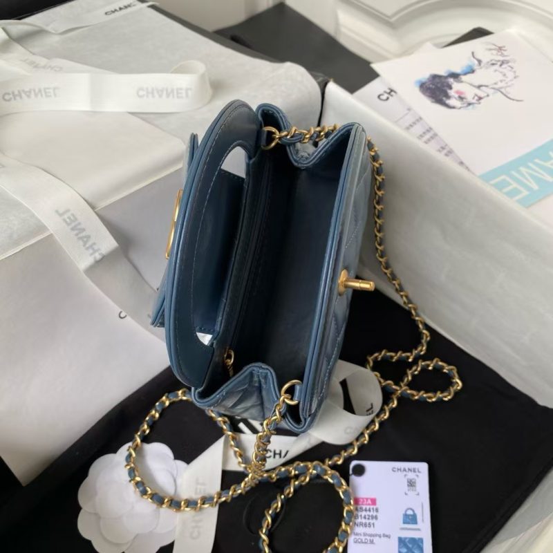 Chanel AS4416 Mini Shopping Bag Shiny Aged Calfskin Gold-Tone Metal Blue - Image 5
