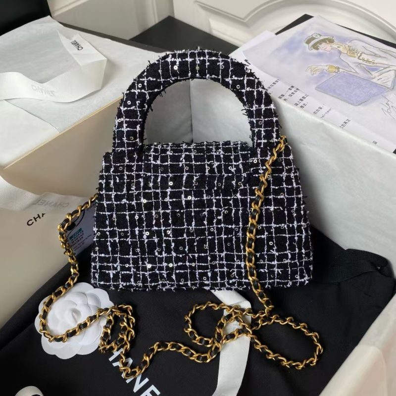 Chanel AS4416 Mini Shopping Bag Tweed and Black Calfskin Gold-Tone Metal Black and White - Image 2