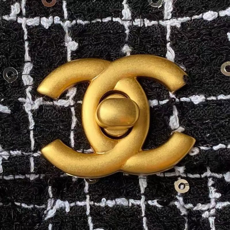 Chanel AS4416 Mini Shopping Bag Tweed and Black Calfskin Gold-Tone Metal Black and White - Image 3
