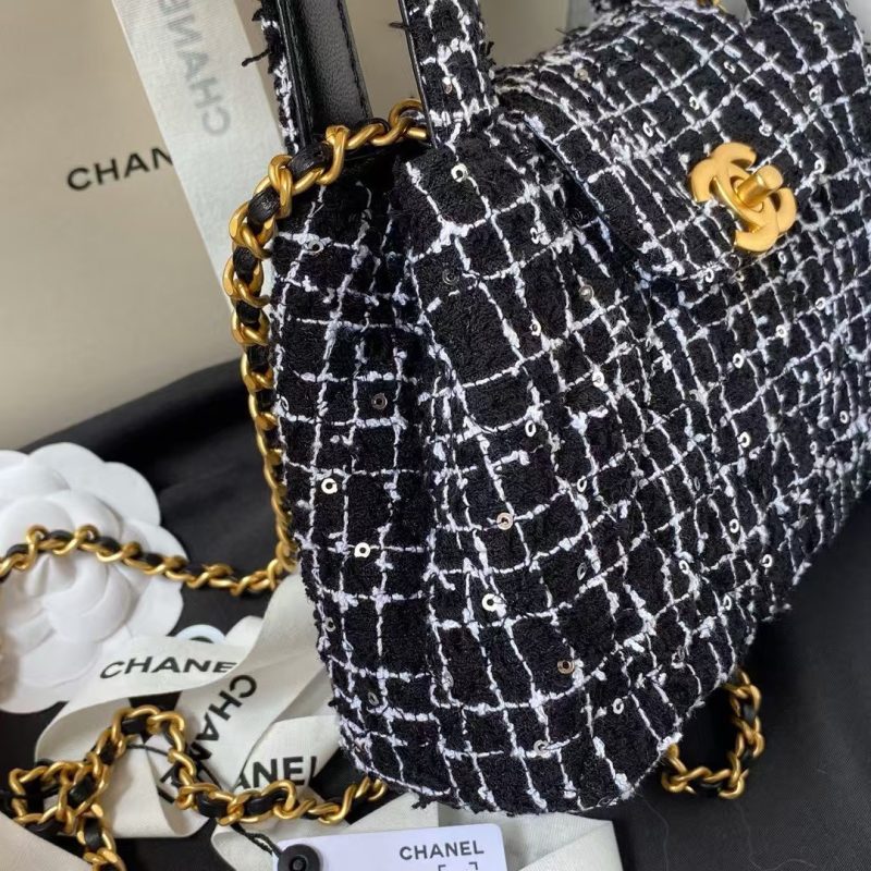 Chanel AS4416 Mini Shopping Bag Tweed and Black Calfskin Gold-Tone Metal Black and White - Image 5