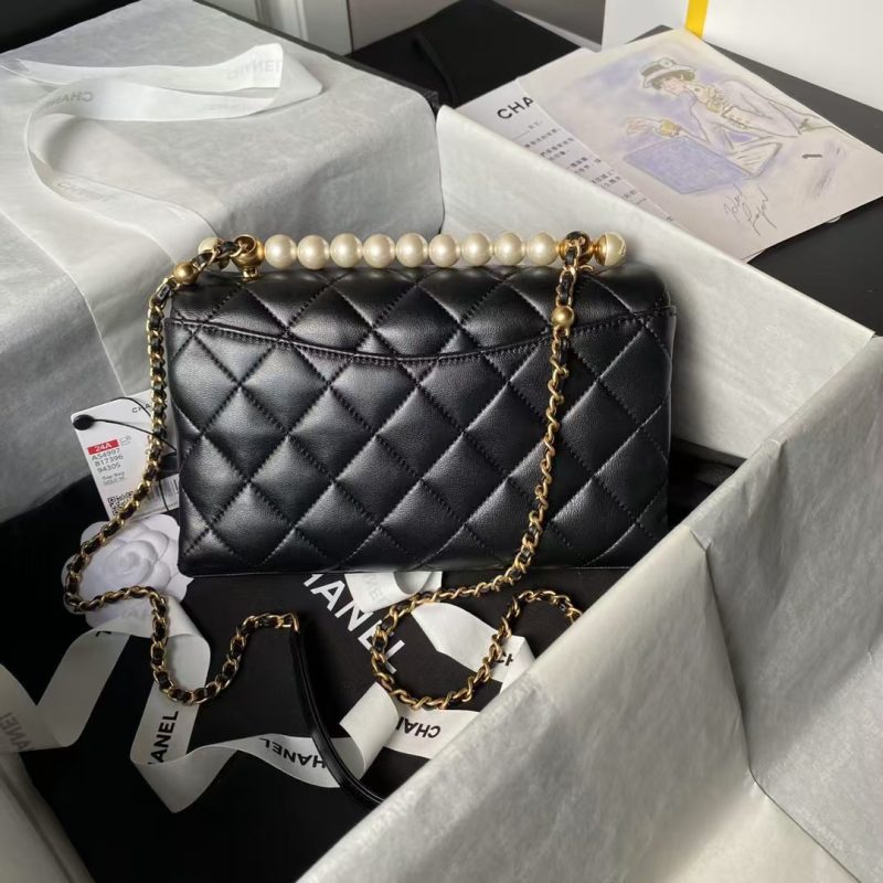 Chanel AS4997 Flap Bag with top Handle Shiny Lambskin Imitation Pearls & Gold-Tone Metal Black - Image 2