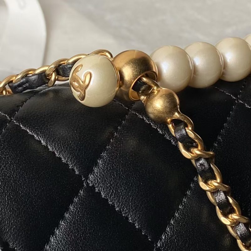 Chanel AS4997 Flap Bag with top Handle Shiny Lambskin Imitation Pearls & Gold-Tone Metal Black - Image 4