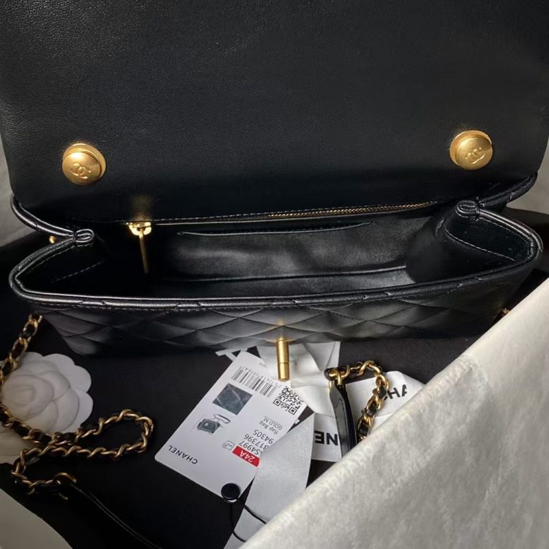 Chanel AS4997 Flap Bag with top Handle Shiny Lambskin Imitation Pearls & Gold-Tone Metal Black - Image 7