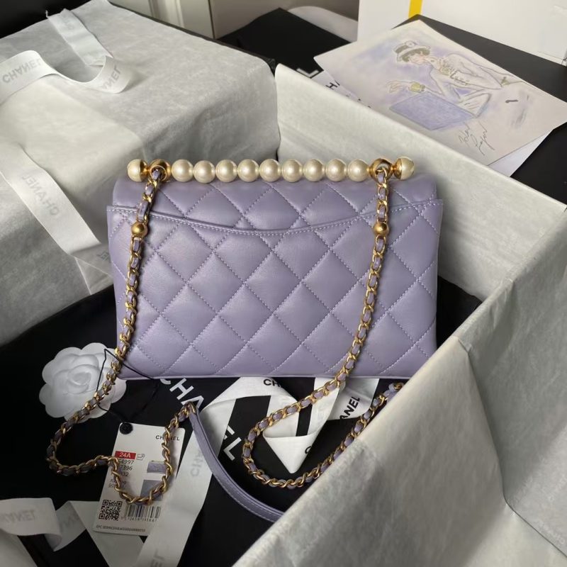 Chanel AS4997 Flap Bag With Top Handle Shiny Lambskin Imitation Pearls & Gold-Tone Metal Purple - Image 2