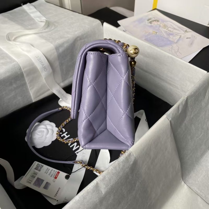 Chanel AS4997 Flap Bag With Top Handle Shiny Lambskin Imitation Pearls & Gold-Tone Metal Purple - Image 5