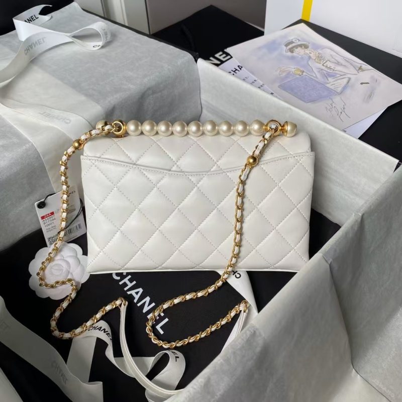 Chanel AS4997 Flap Bag Top Handle Shiny Lambskin Imitation Pearl & Gold Metal White - Image 2