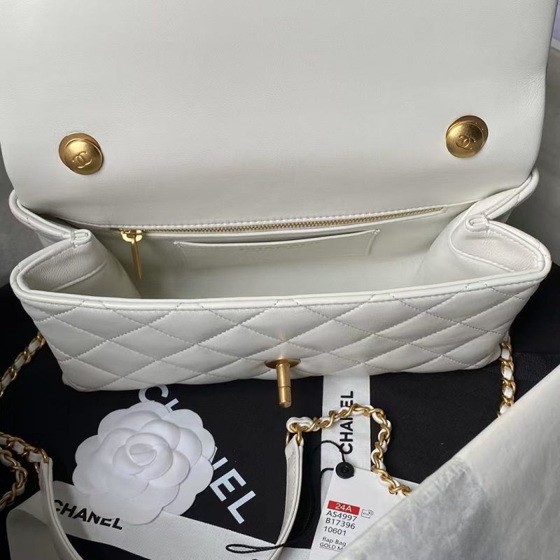 Chanel AS4997 Flap Bag Top Handle Shiny Lambskin Imitation Pearl & Gold Metal White - Image 6