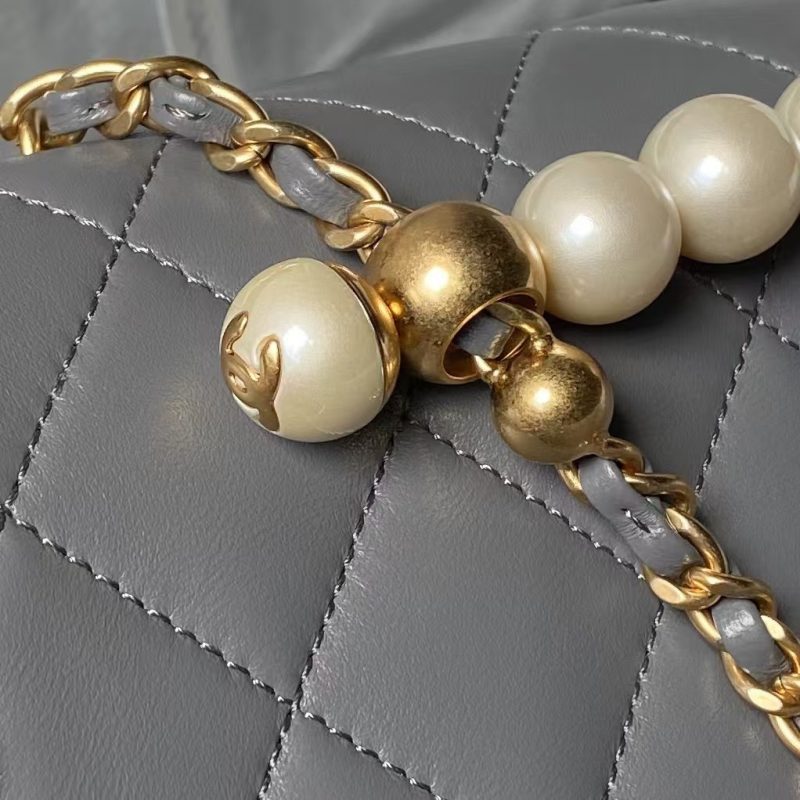 Chanel AS4997 Flap Bag Top Handle Shiny Lambskin Imitation Pearl & Gold Metal Grey - Image 4