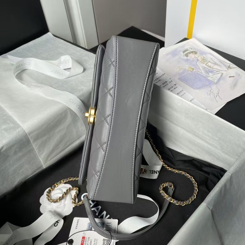Chanel AS4997 Flap Bag Top Handle Shiny Lambskin Imitation Pearl & Gold Metal Grey - Image 6
