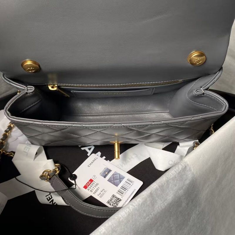 Chanel AS4997 Flap Bag Top Handle Shiny Lambskin Imitation Pearl & Gold Metal Grey - Image 7