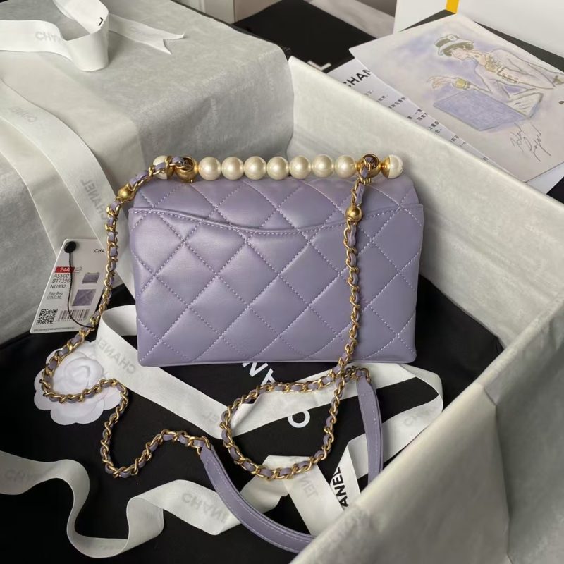 Chanel AS5001 Mini Flap Bag Top Handle Shiny Lambskin Faux Pearl & Gold Metallic Purple - Image 2