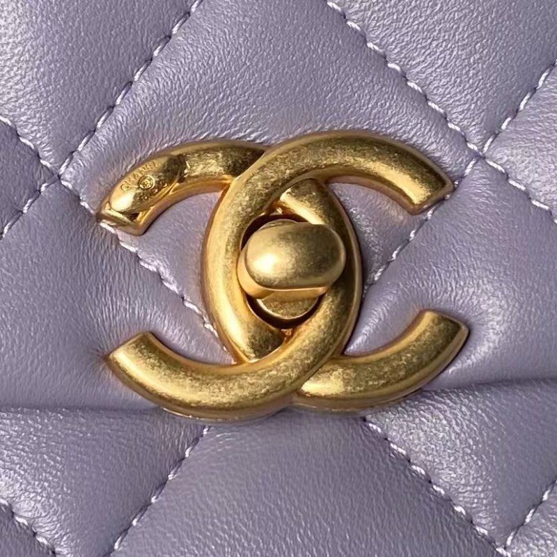 Chanel AS5001 Mini Flap Bag Top Handle Shiny Lambskin Faux Pearl & Gold Metallic Purple - Image 3