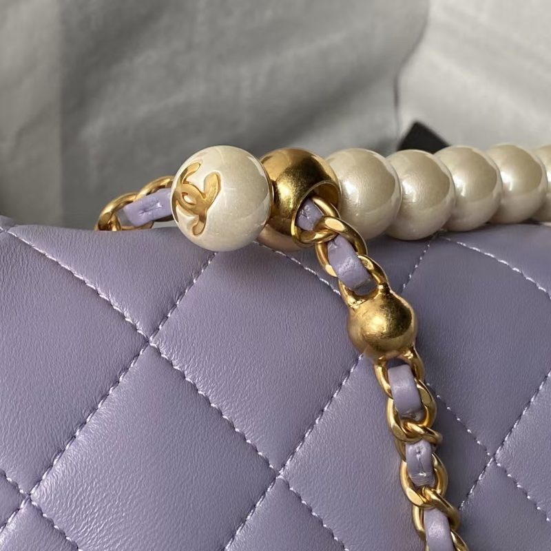 Chanel AS5001 Mini Flap Bag Top Handle Shiny Lambskin Faux Pearl & Gold Metallic Purple - Image 4