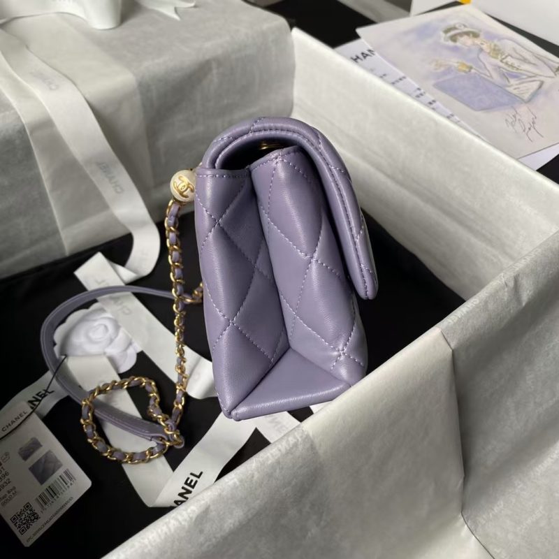 Chanel AS5001 Mini Flap Bag Top Handle Shiny Lambskin Faux Pearl & Gold Metallic Purple - Image 6