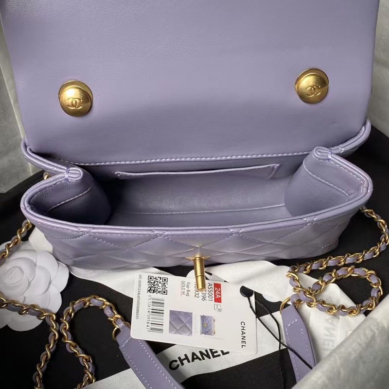 Chanel AS5001 Mini Flap Bag Top Handle Shiny Lambskin Faux Pearl & Gold Metallic Purple - Image 7