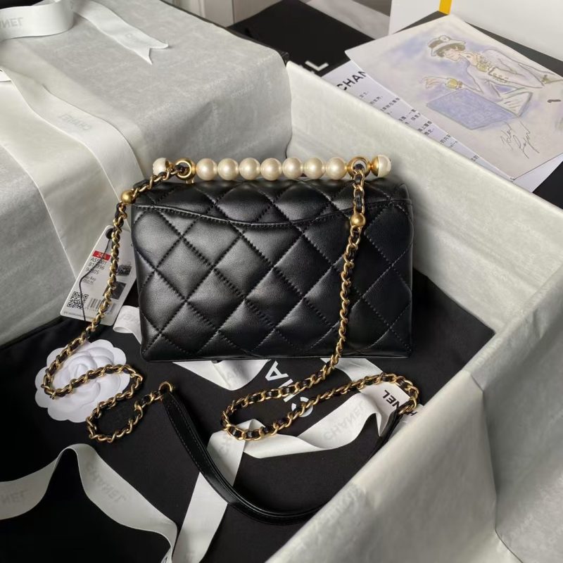 Chanel AS5001 Mini Flap Bag Top Handle Shiny Lambskin Imitation Pearl & Gold Metal Black - Image 2