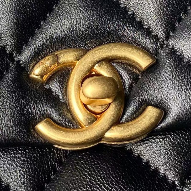 Chanel AS5001 Mini Flap Bag Top Handle Shiny Lambskin Imitation Pearl & Gold Metal Black - Image 3