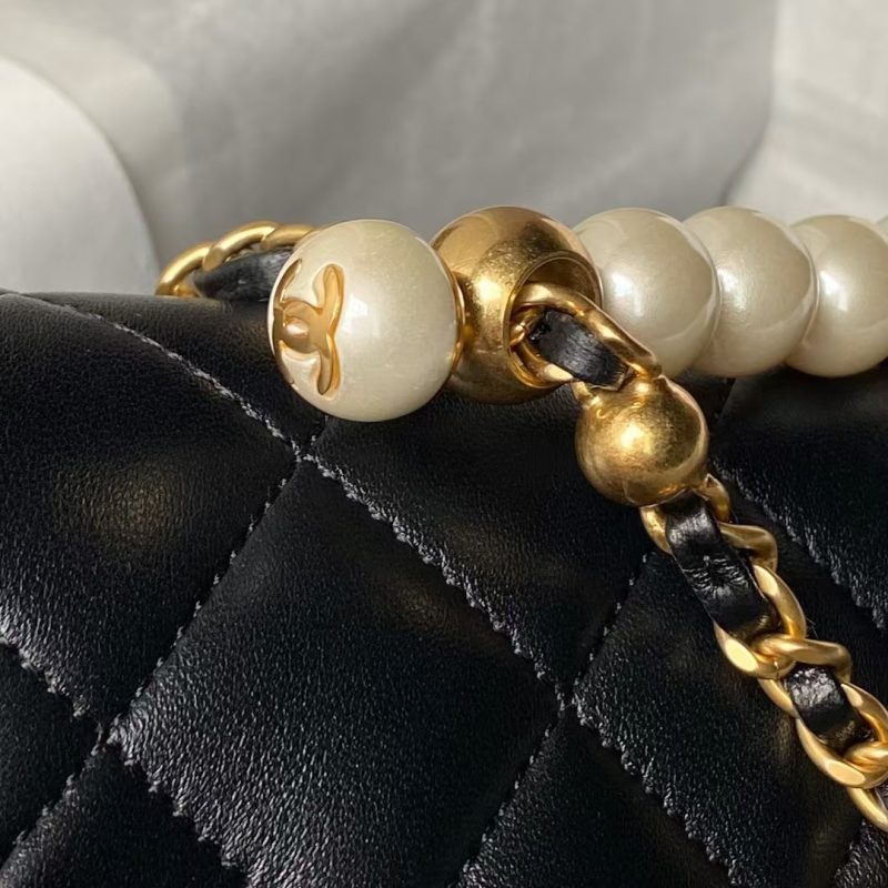 Chanel AS5001 Mini Flap Bag Top Handle Shiny Lambskin Imitation Pearl & Gold Metal Black - Image 4