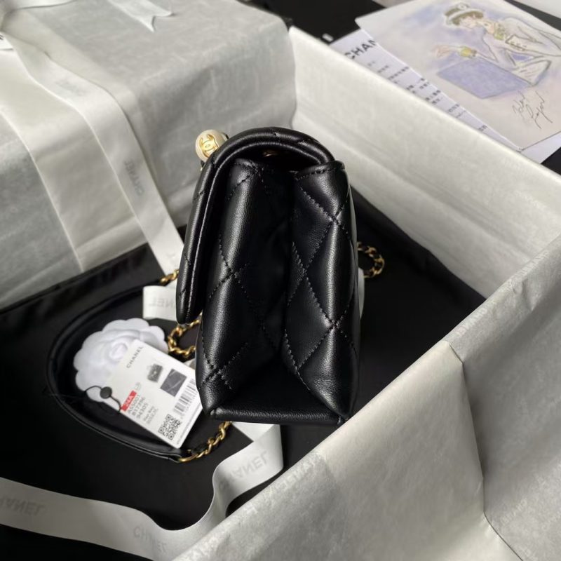 Chanel AS5001 Mini Flap Bag Top Handle Shiny Lambskin Imitation Pearl & Gold Metal Black - Image 5
