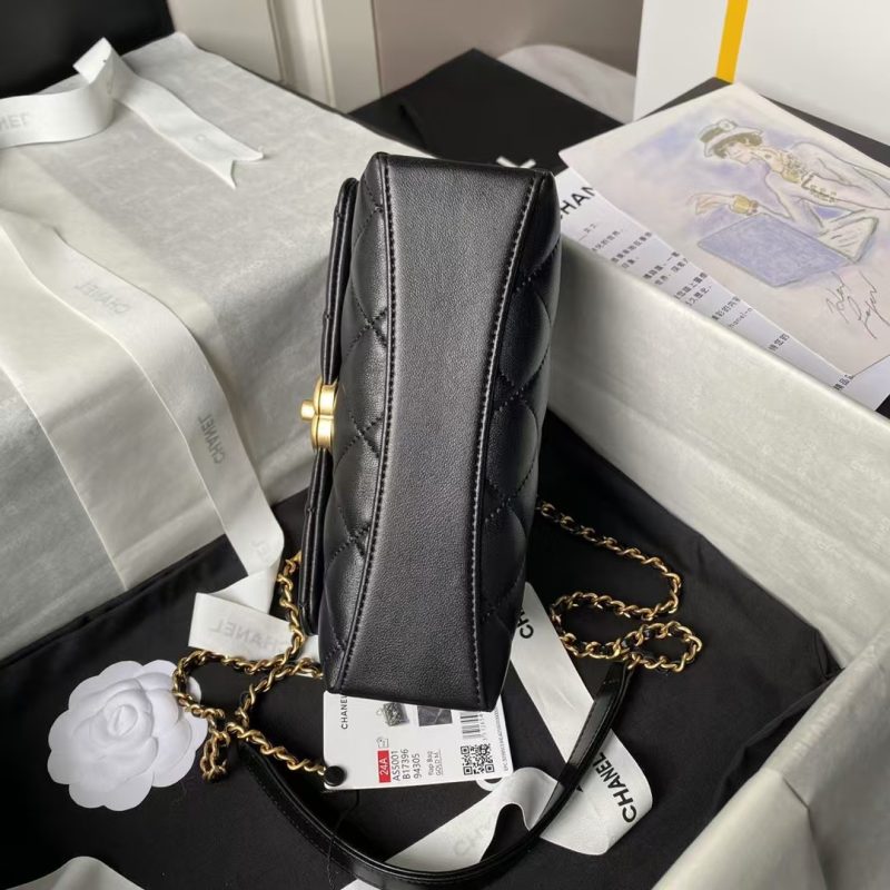 Chanel AS5001 Mini Flap Bag Top Handle Shiny Lambskin Imitation Pearl & Gold Metal Black - Image 7