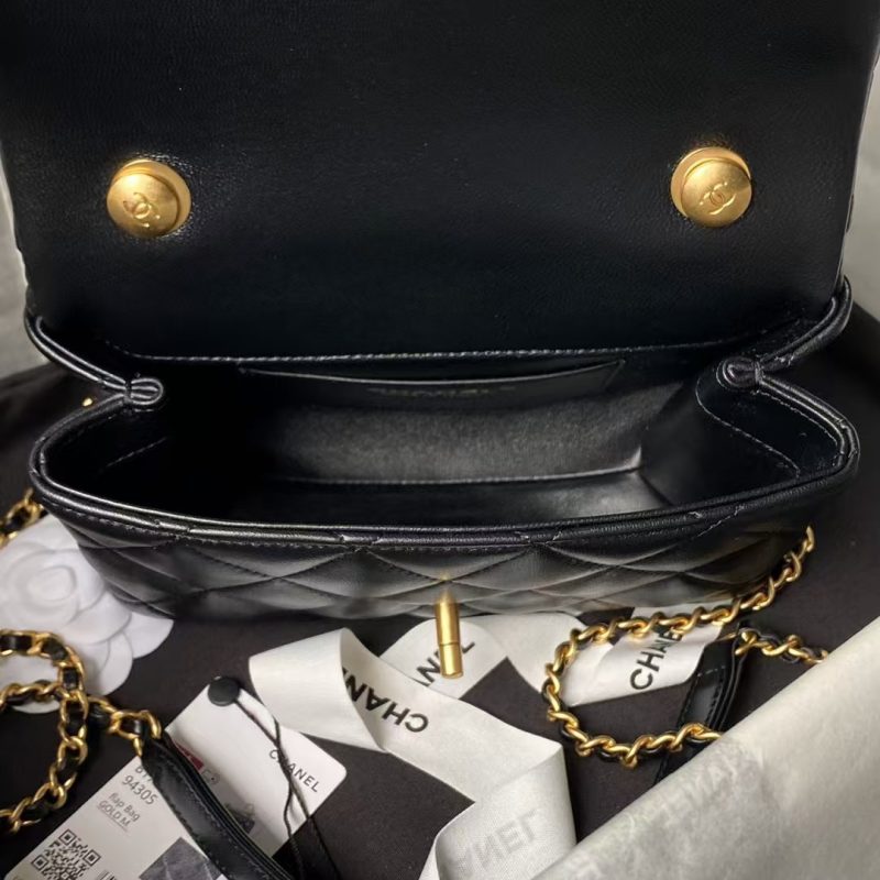 Chanel AS5001 Mini Flap Bag Top Handle Shiny Lambskin Imitation Pearl & Gold Metal Black - Image 6