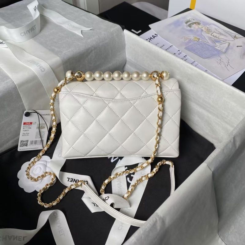 Chanel AS5001 Mini Flap Bag Top Handle Shiny Lambskin Imitation Pearl & Gold Metal White - Image 2