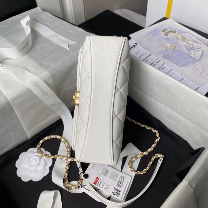 Chanel AS5001 Mini Flap Bag Top Handle Shiny Lambskin Imitation Pearl & Gold Metal White - Image 6