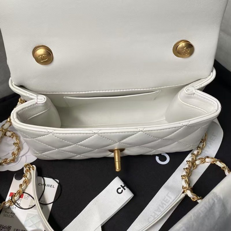 Chanel AS5001 Mini Flap Bag Top Handle Shiny Lambskin Imitation Pearl & Gold Metal White - Image 7
