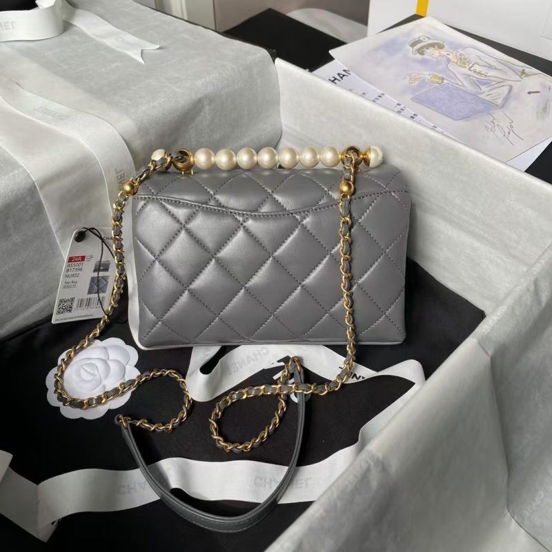 Chanel AS5001 Mini Flap Bag Top Handle Shiny Lambskin Imitation Pearl & Gold Metallic Grey - Image 2