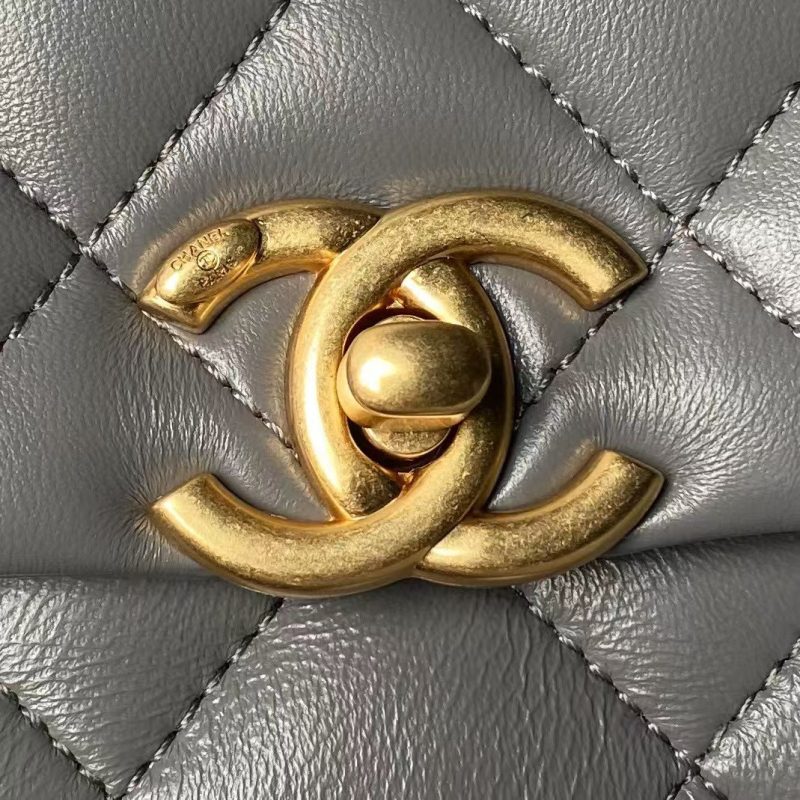 Chanel AS5001 Mini Flap Bag Top Handle Shiny Lambskin Imitation Pearl & Gold Metallic Grey - Image 3