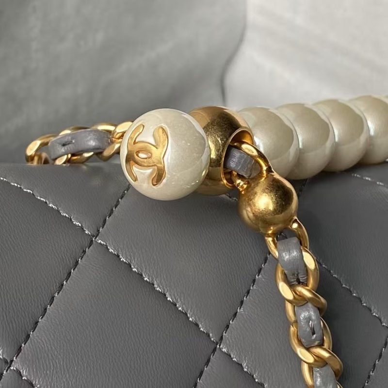 Chanel AS5001 Mini Flap Bag Top Handle Shiny Lambskin Imitation Pearl & Gold Metallic Grey - Image 4