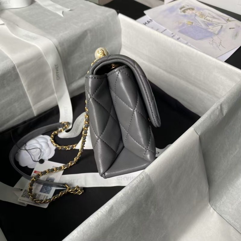 Chanel AS5001 Mini Flap Bag Top Handle Shiny Lambskin Imitation Pearl & Gold Metallic Grey - Image 5