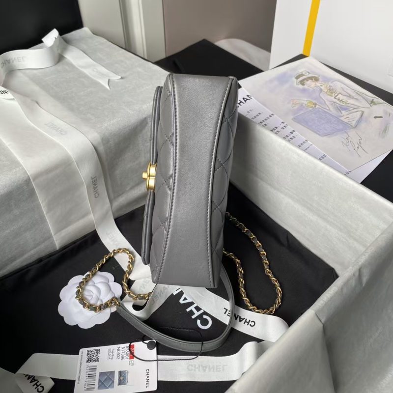Chanel AS5001 Mini Flap Bag Top Handle Shiny Lambskin Imitation Pearl & Gold Metallic Grey - Image 6