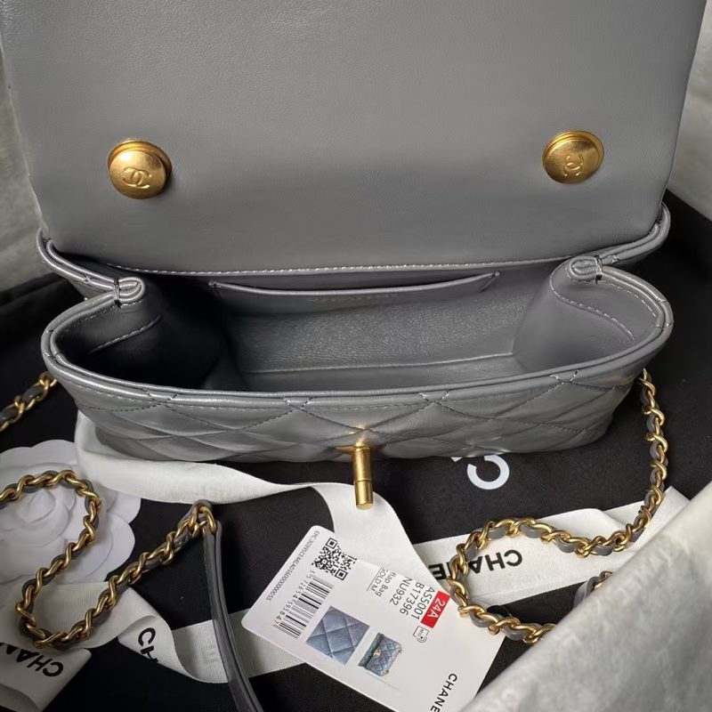 Chanel AS5001 Mini Flap Bag Top Handle Shiny Lambskin Imitation Pearl & Gold Metallic Grey - Image 7