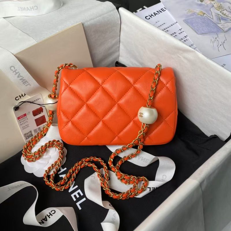 Chanel AS4868 Mini Flap Bag Pearl Lambskin Faux Pearl & Gold Metal Orange - Image 2