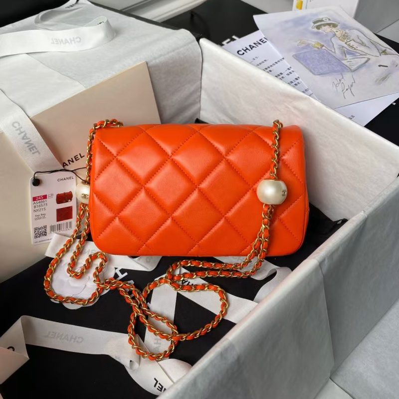 Chanel AS4861 Small Flap Bag Pearl Lambskin Faux Pearl & Gold Metal Orange - Image 2