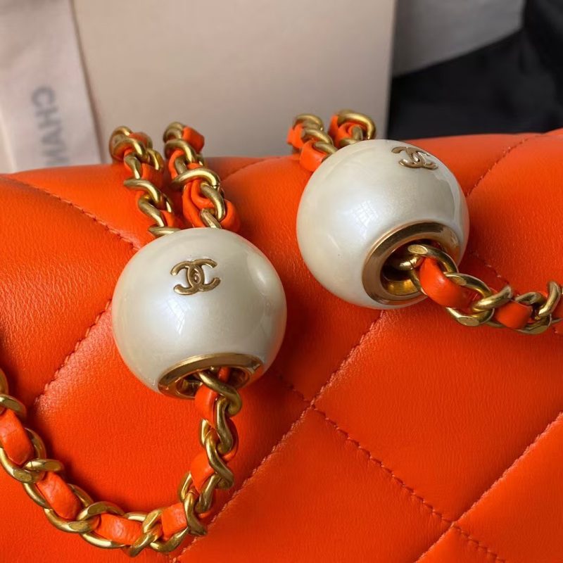 Chanel AS4861 Small Flap Bag Pearl Lambskin Faux Pearl & Gold Metal Orange - Image 4