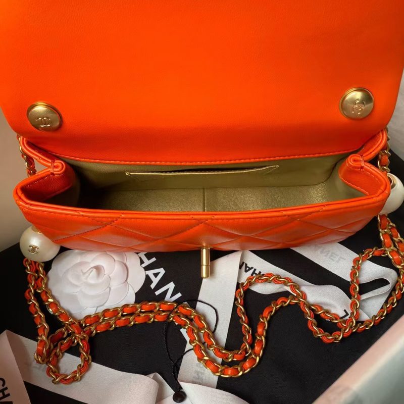 Chanel AS4861 Small Flap Bag Pearl Lambskin Faux Pearl & Gold Metal Orange - Image 6