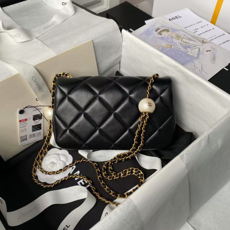Chanel AS4861 Small Flap Bag Pearl Lambskin Faux Pearl & Gold Metal Black - Image 2