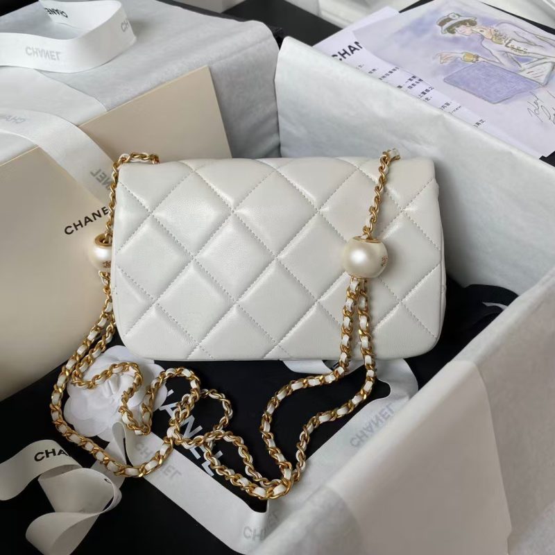 Chanel AS4861 Small Flap Bag Pearl Lambskin Faux Pearl & Gold Metal White - Image 2