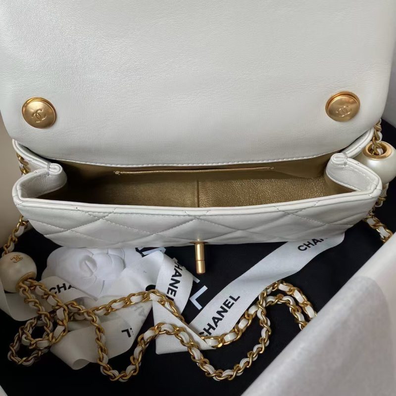 Chanel AS4861 Small Flap Bag Pearl Lambskin Faux Pearl & Gold Metal White - Image 6