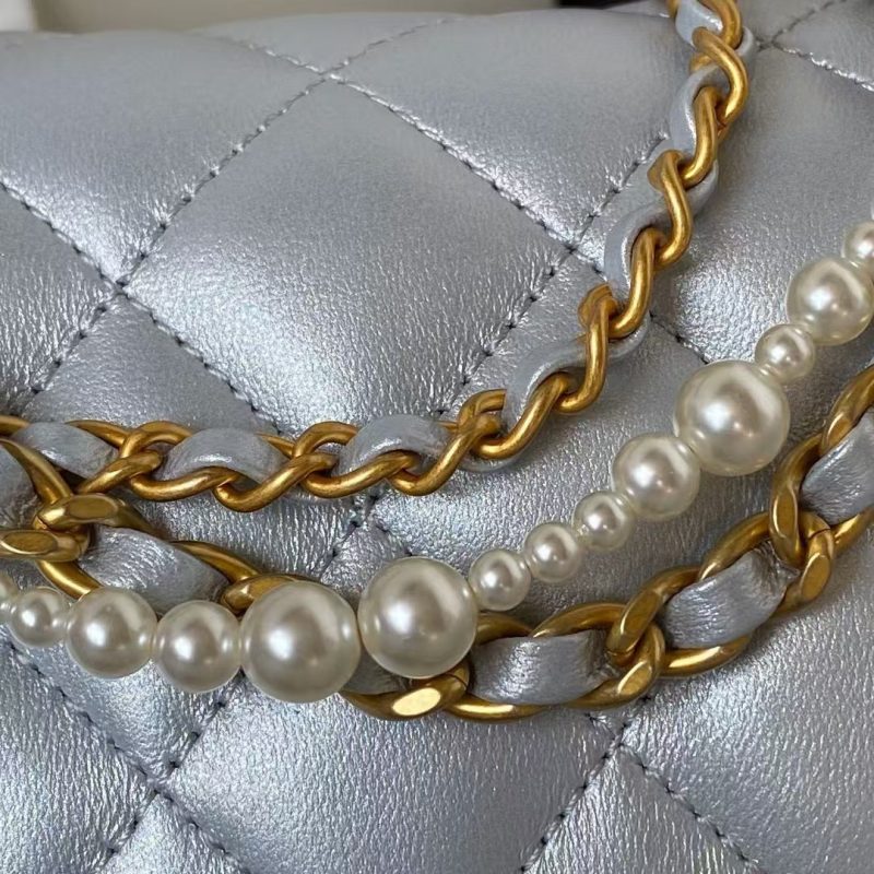 Chanel AS4385 Mini Flap Bag Pearl Lambskin Faux Pearl & Gold Metal Grey - Image 4