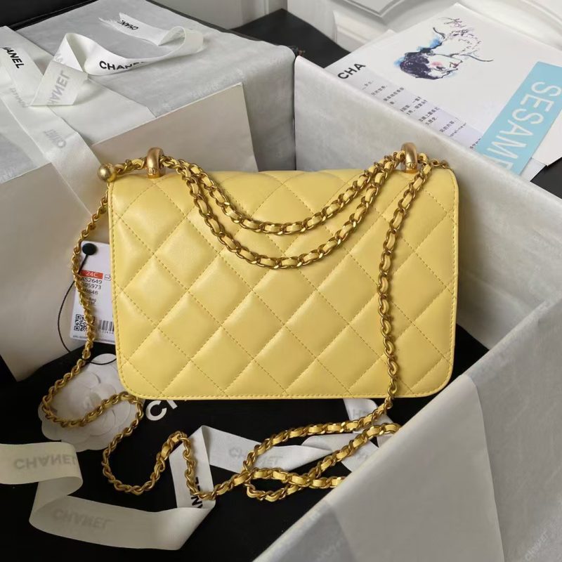 Chanel AS2649 Chain Bag With Gold Charm Small Vintage Calfskin Bag Yellow - Image 2