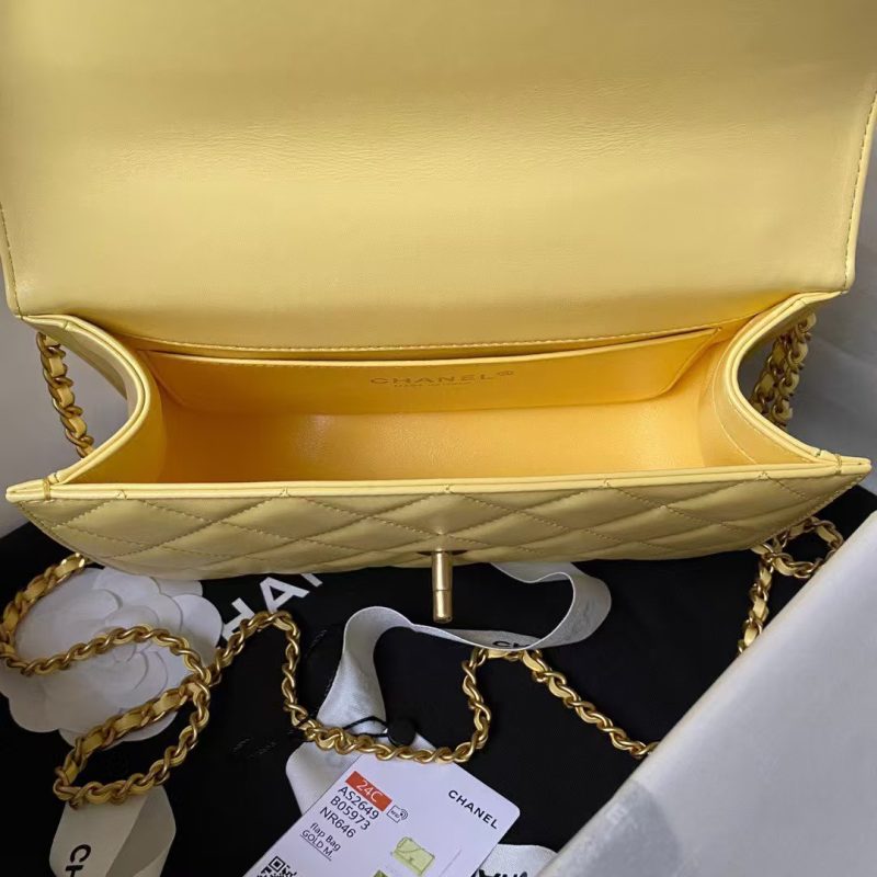 Chanel AS2649 Chain Bag With Gold Charm Small Vintage Calfskin Bag Yellow - Image 7